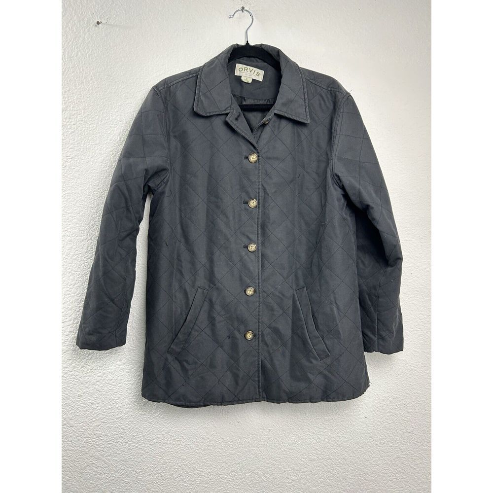 ORVIS‎ Overcoat Womens M Quilted Black Jacket Button Up Lined + Pockets